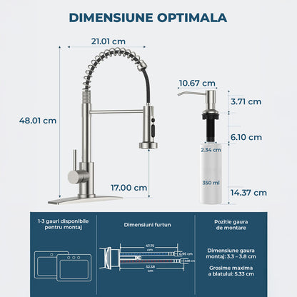 Baterie Chiuveta Bucatarie Argintie Elindor® Robinet de Apa Modern, cu Suport Incastrat pentru Sapun, Jet Reglabil, Cap Dus Extractabil cu Trei Functii, Monocomanda, pentru Bucatarie, Otel Inoxidabil, Finisaj Mat