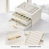 Cutie de Bijuterii Elindor® Organizator pe 3 Niveluri, Sertar x3, Spatiu de Depozitare pentru Inel, Verighete, Lantisoare, Bratari, Cercei, Caseta cu Design Rafinat, Simplu si Elegant, Piele Ecologica Alba, 18x25x15 cm