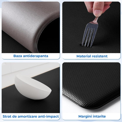 Set 2 Covoare Elindor® Antiderapant, Lavabil, Modern, Rezistent la Apa, Ideal pentru Bucatarie, Baie, Hol, Covor cu 3 Straturi, cu Strat Antispargere, Curatare Usoara, Grosime 1 cm, 44 x 76.2 cm si 44 x 119.4 cm, Negru