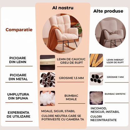 Fotoliu Balansoar Crem Deschis Elindor® cu Perna Moale si Spatar Inalt, Pufos, Ergonomic, Cadru Solid din Otel si Lemn, Suporta 115 kg, Ideal pentru Camera Copilului, Living sau Dormitor