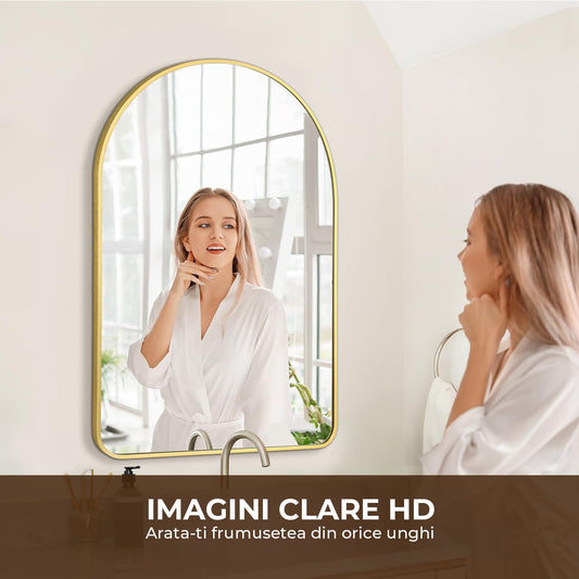 Oglinda de Perete Elindor® Arcuita 55x75 cm, Reflexie HD, Rama Aurie