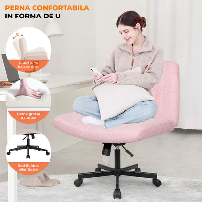 Scaun Birou Ergonomic Elindor® Rotativ 360°, fara Manere, cu Spatar Design Compact, Confortabil, Scaune in Stil Modern cu Roti, Picioare Metalice, Reglaj Balansare, Inaltime Ajustabila, 56 × 67 × 92 cm, Roz