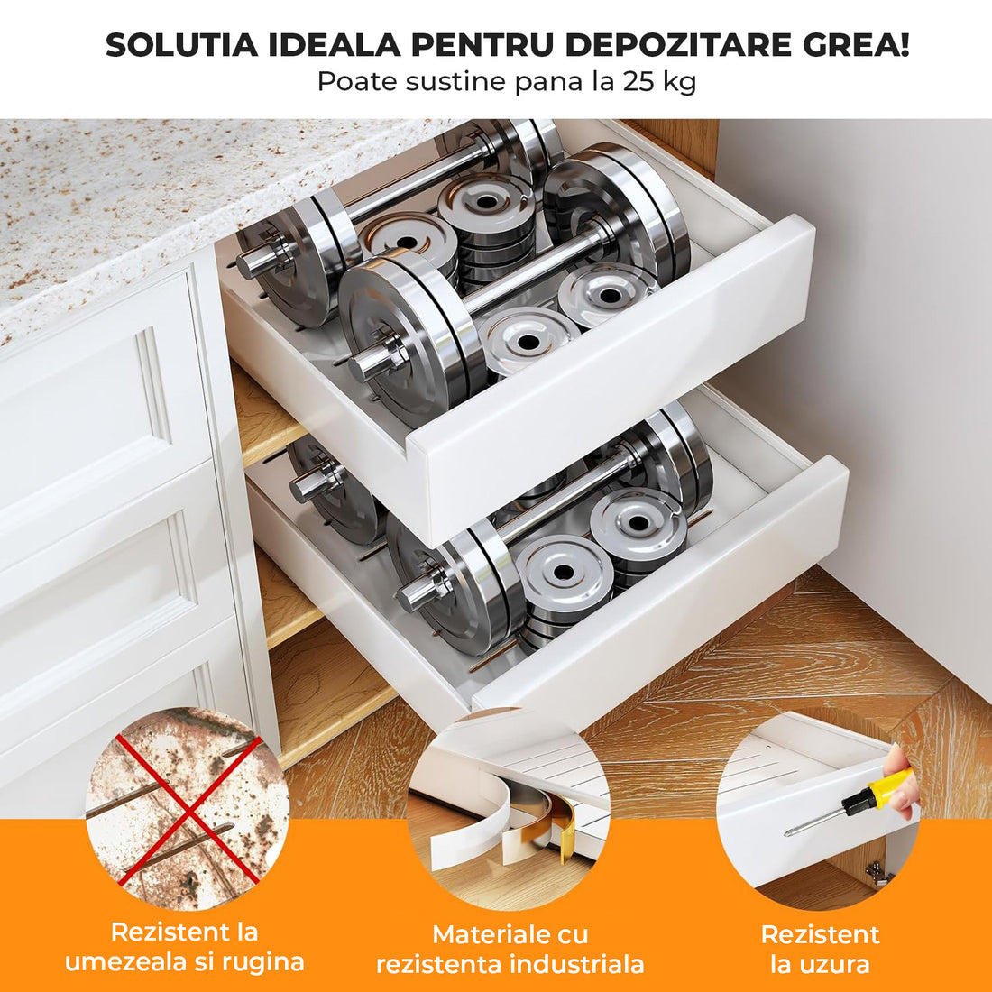 Organizator Multifunctional Elindor® Tip Sertar, cu Adeziv, Suport Metalic Dulap sub Blat Chiuveta, Inaltime Reglabila, Sertar Glisant Organizare pentru Bucatarie, Baie, Camara, Bar, Raft cu Sertare Depozitare Detergenti, Parfumuri, 43x25x9 cm, Alb