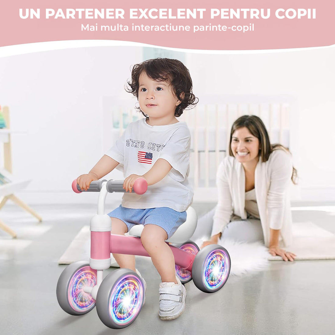 Bicicleta fara Pedale Elindor® pentru Copii, cu 4 Roti cu LED, Usoara, Silentioasa, Robusta, Sa Ergonomica, Dezvolta Echilibrul si Coordonarea, pentru Copii de 10-36 Luni, 55 x 19 x 24.5 cm, Roz