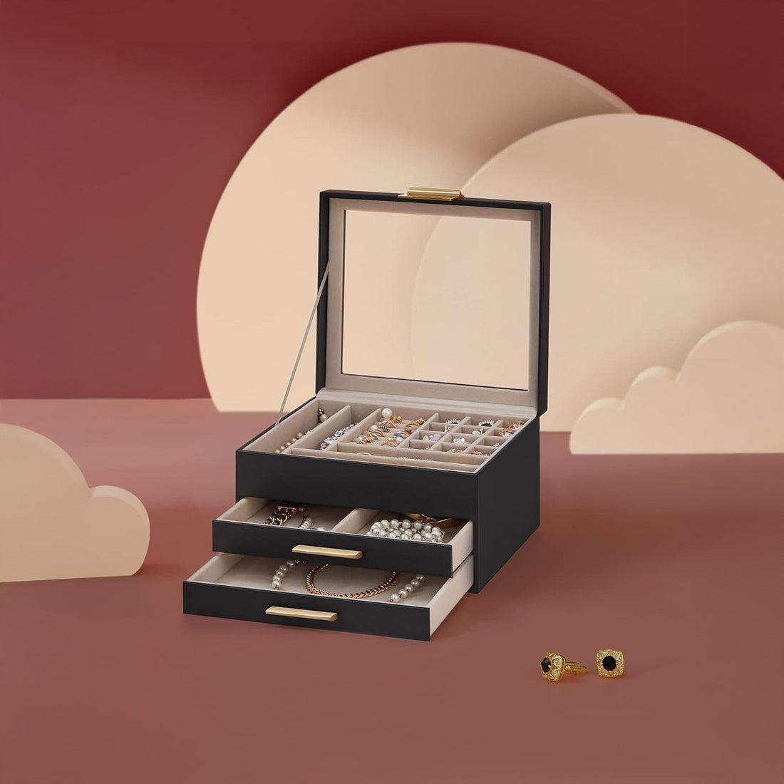 Cutie de Bijuterii Elindor® Organizator pe 3 Niveluri, Sertar x2, Spatiu de Depozitare pentru Inel, Verighete, Lantisoare, Bratari, Cercei, Caseta din Material Catifelat, Design Rafinat, Simplu si Elegant, Piele Ecologica Neagra, 20.3 x 23 x 13.5 cm