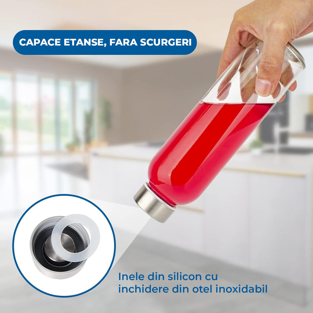 Set 6 Sticle Elindor® cu Capace din Inox, Etanseitate 100%, Ideal pentru Apa, Suc, Smoothie, Ceai, Cafea, Potrivit pentru Frigider, Lavabil, din Sticla fara BPA, 22 x 6 cm, 530 ml, Transparent