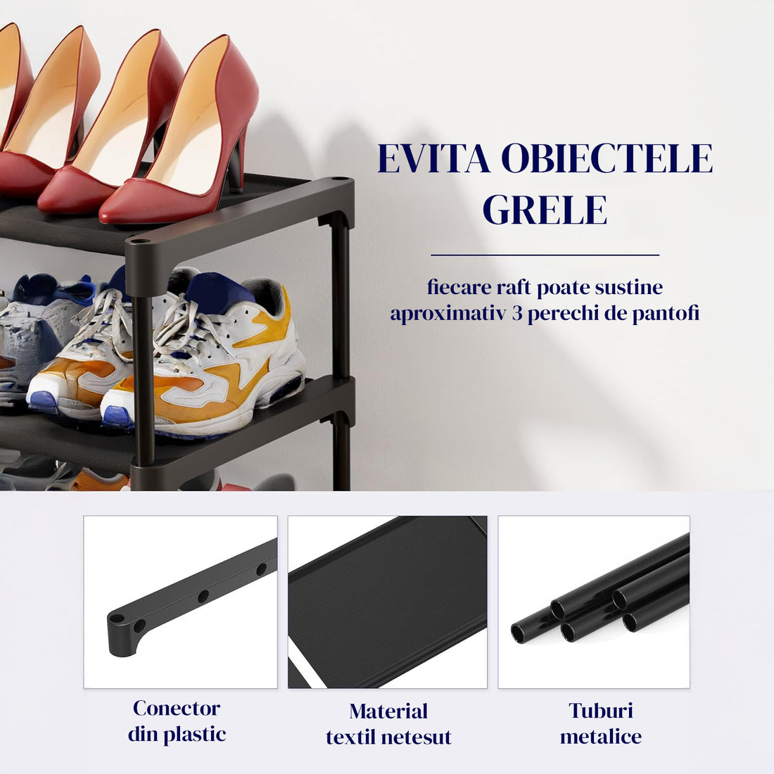 Organizator pentru Pantofi Elindor® Pantofar cu 3 Nivele Mari, Fara Gauri, Suport Metalic pentru Papuci, Dulap Hol, Dormitor, Economisire Spatiu, Depozitare Incaltaminte, 30 × 70 × 47 cm, Negru