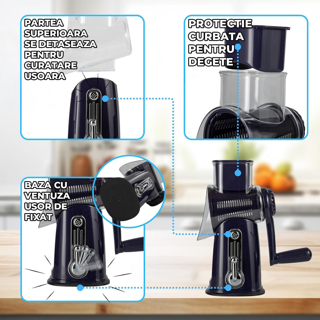Razatoare Rotativa 5 in 1 Elindor® cu Maner, Lame din Otel Inoxidabil, Tocator Legume, Razatoare Branza, Nuci, Morcovi, Varza, Ustensila de Bucatarie, Design Compact, Multifunctional, Mov