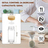Set 24 Recipiente Condimente Elindor® din Sticla cu Capac din Bambus, cu Sita, Organizator Bucatarie, Organizatoare Sertar, Borcane 120 ml, 2 Tipuri de Etichete si Palnie din Silicon, Accesorii Depozitare, Transparente