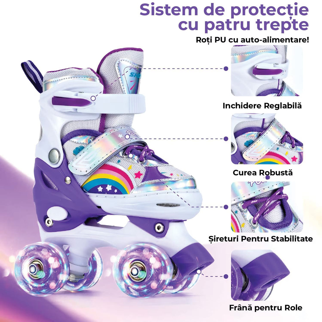 Role Reglabile pentru Copii și Adulți, 4 Roți Luminoase, Model Curcubeu, Mărimea XS 26-30, Mov