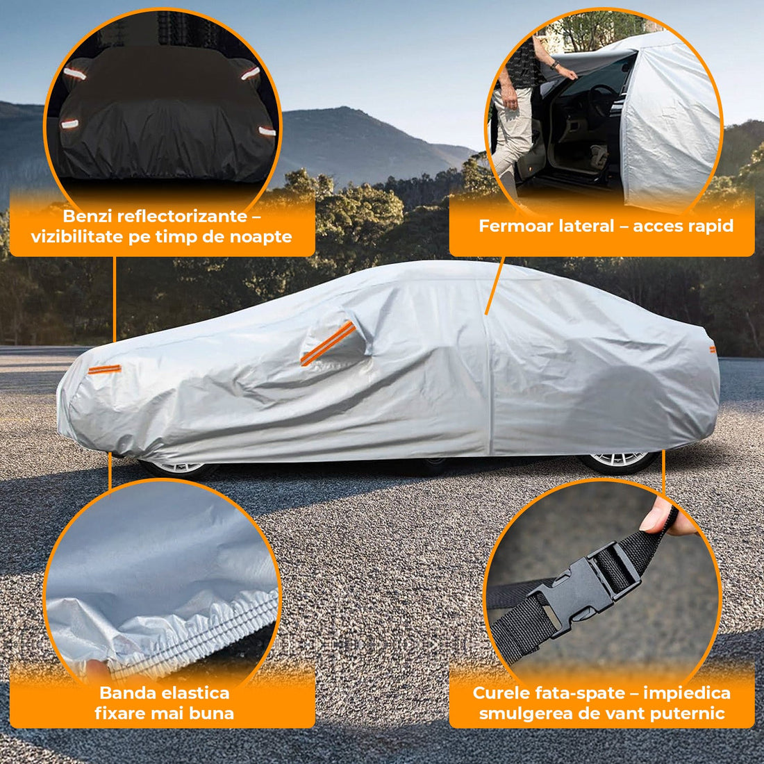 Prelata Auto Gri 6 Straturi Elindor®, Husa Protectie Completa, Antigrindina, Ploaie, Anti Soare, Impermeabila, Toate Anotimpurile, Bumbac, Compatibila pentru Sedan, Accesorii Masina Exterior, 483x178x120 cm