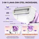 Epilator Umed și Uscat, 3 Tipuri de Lame Detașabile, IPX 6, Reîncărcabil USB, Stație de Încărcare, 900mAh, Mov