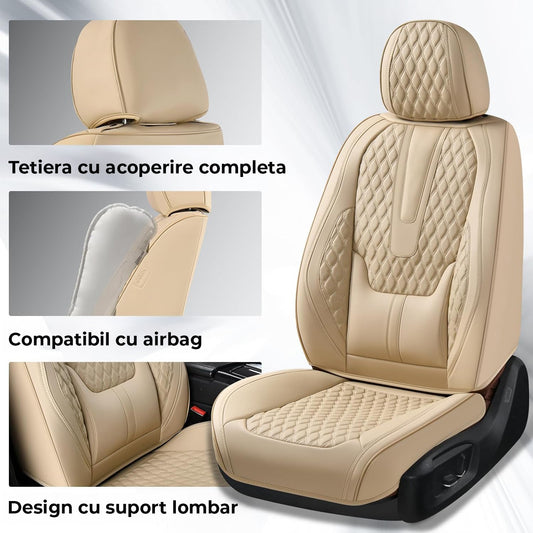 Set Huse Scaune Fata Auto Elindor®, Universale, Impermeabile, Protectie Piele Ecologica, Montaj Rapid Cu Cleme, Compatibile Cu Airbaguri Si Reglaje Scaun, Accesorii Masina Interior, Bej