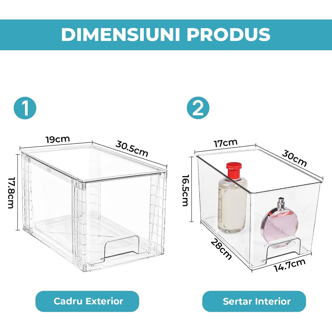 Set 2 Organizatoare Acrilice Elindor® cu Sertar, Depozitare in Dulap, Frigider, Camara, Baie, Transparent