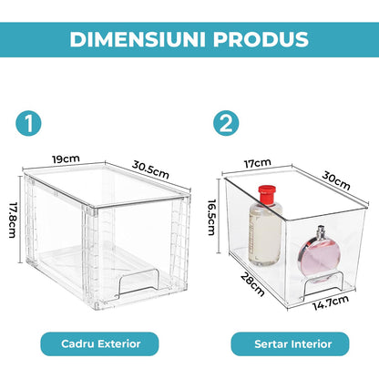 Set 2 Organizatoare Acrilice Elindor® cu Sertar, Depozitare in Dulap, Frigider, Camara, Baie, Transparent