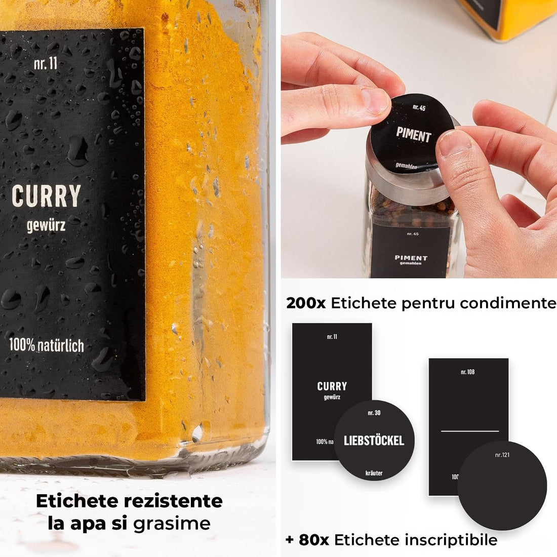 Set 24 Recipiente Condimente Elindor® din Sticla cu Capac Inox, cu Sita, Organizator Bucatarie, Organizatoare Sertar, Borcane 120 ml, 2 Tipuri de Etichete, Palnie din Silicon, Pix Alb Inclus, Perie de Curatare, Accesorii Depozitare