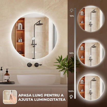 Oglinda de Perete Elindor® Rotunda, fara Rama, Decorativa, Eleganta, Ideala pentru Baie, Birou, Hol, Living, Dressing, Iluminare Led, Intensitate Ajustabila, Antiaburire, 3 Temperaturi de Culoare, 50 x 50 cm