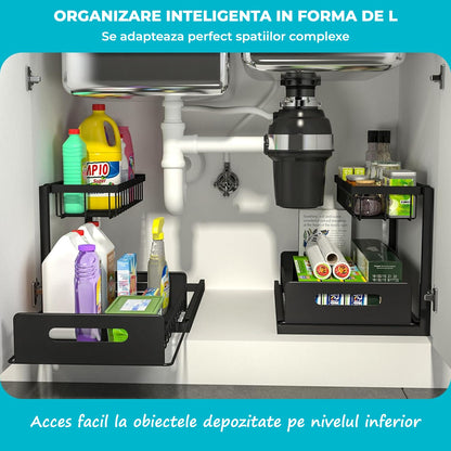 Organizator Sub Chiuvetă Elindor® cu Sertar Glisant și 2 Rafturi, Negru