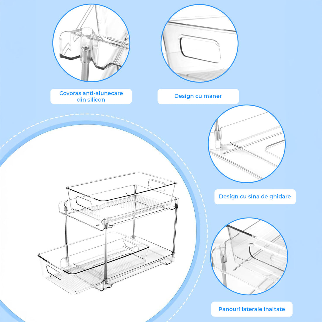 Set 2 Organizatoare Transparente Elindor® cu 2 Nivele, Recipient de Depozitare Multifunctional si Glisant, Organizator pentru Dulapul de sub Chiuveta din Baie si Bucatarie, 30 × 19 × 25.5 cm