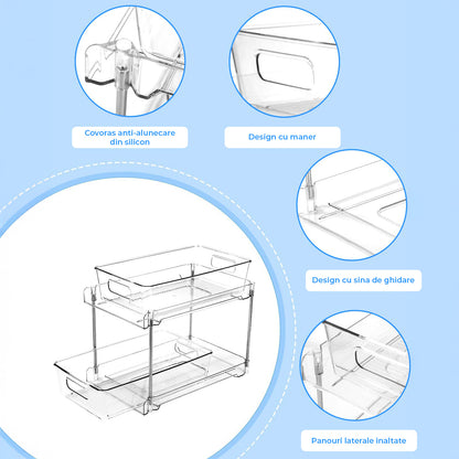 Set 2 Organizatoare Transparente Elindor® cu 2 Nivele, Recipient de Depozitare Multifunctional si Glisant, Organizator pentru Dulapul de sub Chiuveta din Baie si Bucatarie, 30 × 19 × 25.5 cm