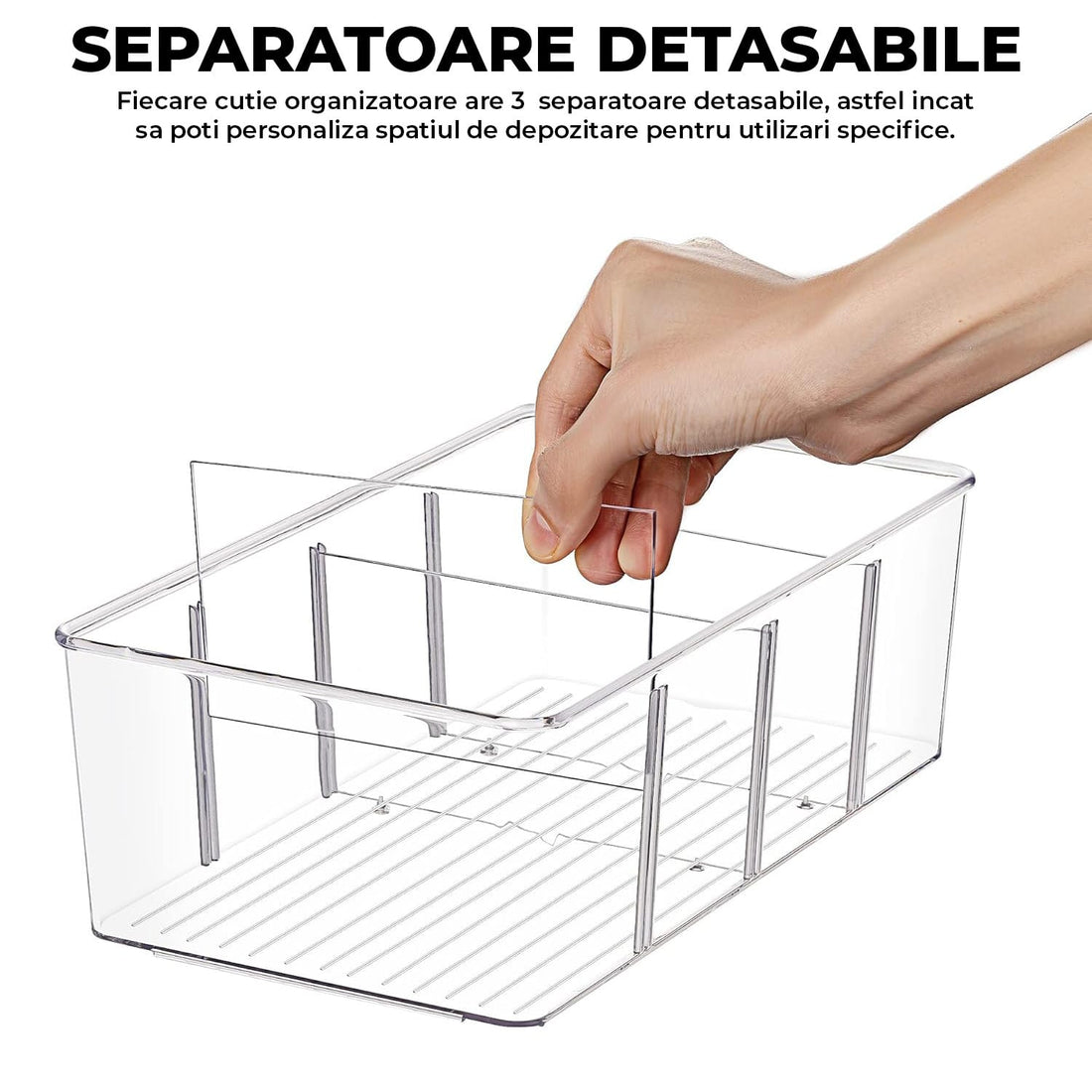 Set de 4 Containere Elindor® pentru Camara si Frigider, cu Compartimente Reglabile si Design Stivuibil, din ABS, Condimente, Sosuri sau Alimente Mici, cu Format Compact si Corp Transparent, Organizator Bucatarie, Cutie, Separatoare, Plastic