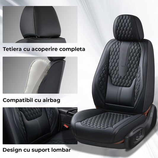 Set 2 Huse Scaune Auto Universale Elindor®, Piele Ecologica Impermeabila, Cu Suport Lombar, Rezistente la Zgarieturi, Compatibile Cu Civic, Duster, Golf, Passat, Qashqai, X5, Instalare Usoara, Protectie Interior Masina, Negru