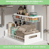 Organizator cu sertare Metalice Glisant Elindor® pe 2 Nivele pentru Dulap, sub Chiuveta sau Blat, Raft cu Sertare pentru Camara,Accesoriu Organizare Bucatarie si Baie, Sistem de Glisare si Antialunecare, ,Accesorii Depozitare, Alb