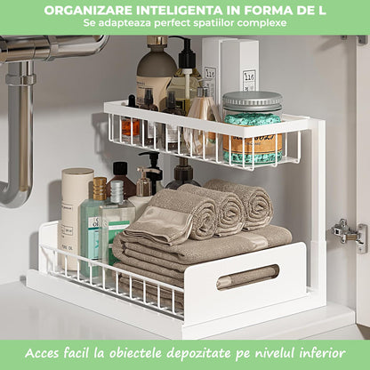 Organizator cu sertare Metalice Glisant Elindor® pe 2 Nivele pentru Dulap, sub Chiuveta sau Blat, Raft cu Sertare pentru Camara,Accesoriu Organizare Bucatarie si Baie, Sistem de Glisare si Antialunecare, ,Accesorii Depozitare, Alb