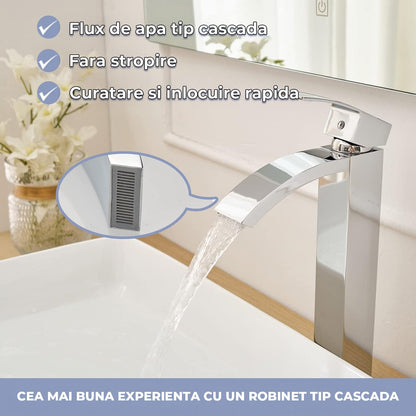 Baterie Chiuveta Vas Elindor®, Robinet Cascada, Design Modern, Alama Solida, Argintiu
