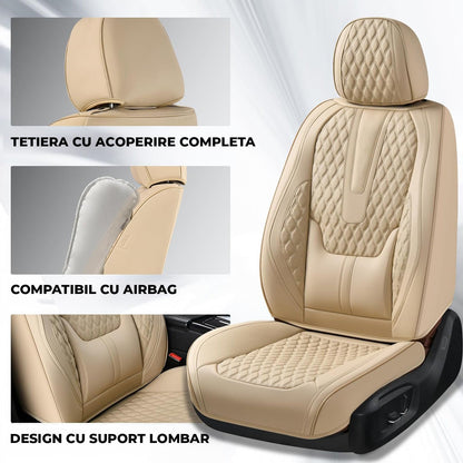 Set 5 Huse Auto Elindor® pentru Scaune, Piele Ecologica Impermeabila, Rezistente la Zgarieturi, Cu Suport Lombar, Instalare Usoara, Protectie Interior, Compatibile cu Civic, Duster, Golf, Passat, Qashqai, X5, Bej