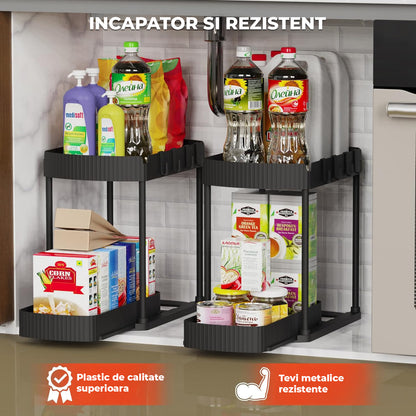 Organizator Elindor® cu 2 Nivele, Recipient de Depozitare Multifunctional si Glisant, Organizator pentru Dulapul de sub Chiuveta din Baie si Bucatarie, 20.3 x 38 x 32.5 cm, Negru