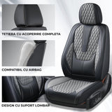 Set Complet de 3  Huse Scaune Auto Elindor®, Piele Nappa, Protectie Bancheta si Scaun, Montaj Rapid, Husa Impermeabila, Acoperire Spatar si Sezut, Acceosirii Masina Interior, Universale Compatibile cu VW, Dacia, Renault, BMW, Ford, Skoda, Hyundai, Gri