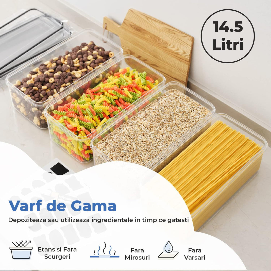 Set 4 Recipiente Depozitare Elindor® Capacitate 3.6L, Etanse, pentru Paste si Cereale, Transparent