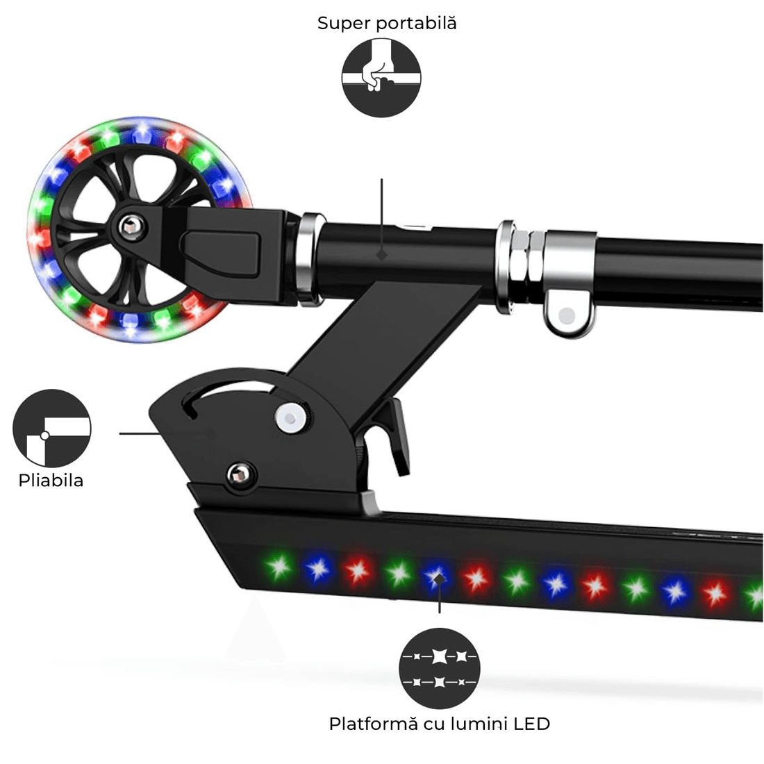 Trotinetă cu Lumini LED Elindor® pentru Copii, Pliabilă și Reglabilă, Neagră