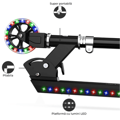 Trotinetă cu Lumini LED Elindor® pentru Copii, Pliabilă și Reglabilă, Neagră