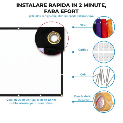 Ecran Proiector Elindor® Portabil, 120 Inch, Panza Proiectie 4K, Pliabil, Montaj Rapid Interior si Exterior, pe Perete, Ideal pentru Videoproiector, Cinema Acasa, Prezentari si Evenimente, Negru
