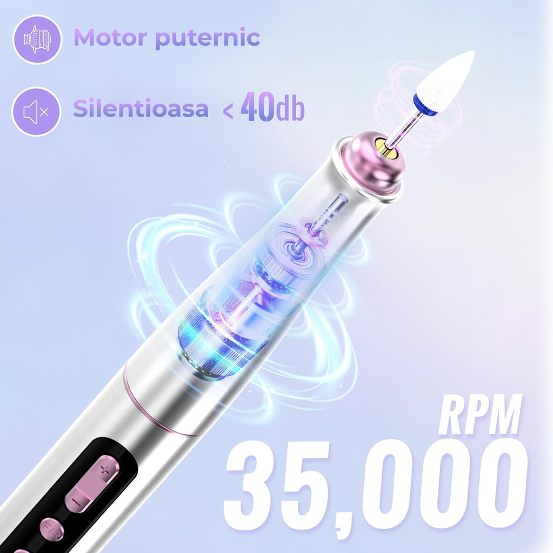 Freza Unghii Reîncărcabilă Elindor® 35.000 RPM, Afisaj LED, 5 Viteze, Alb