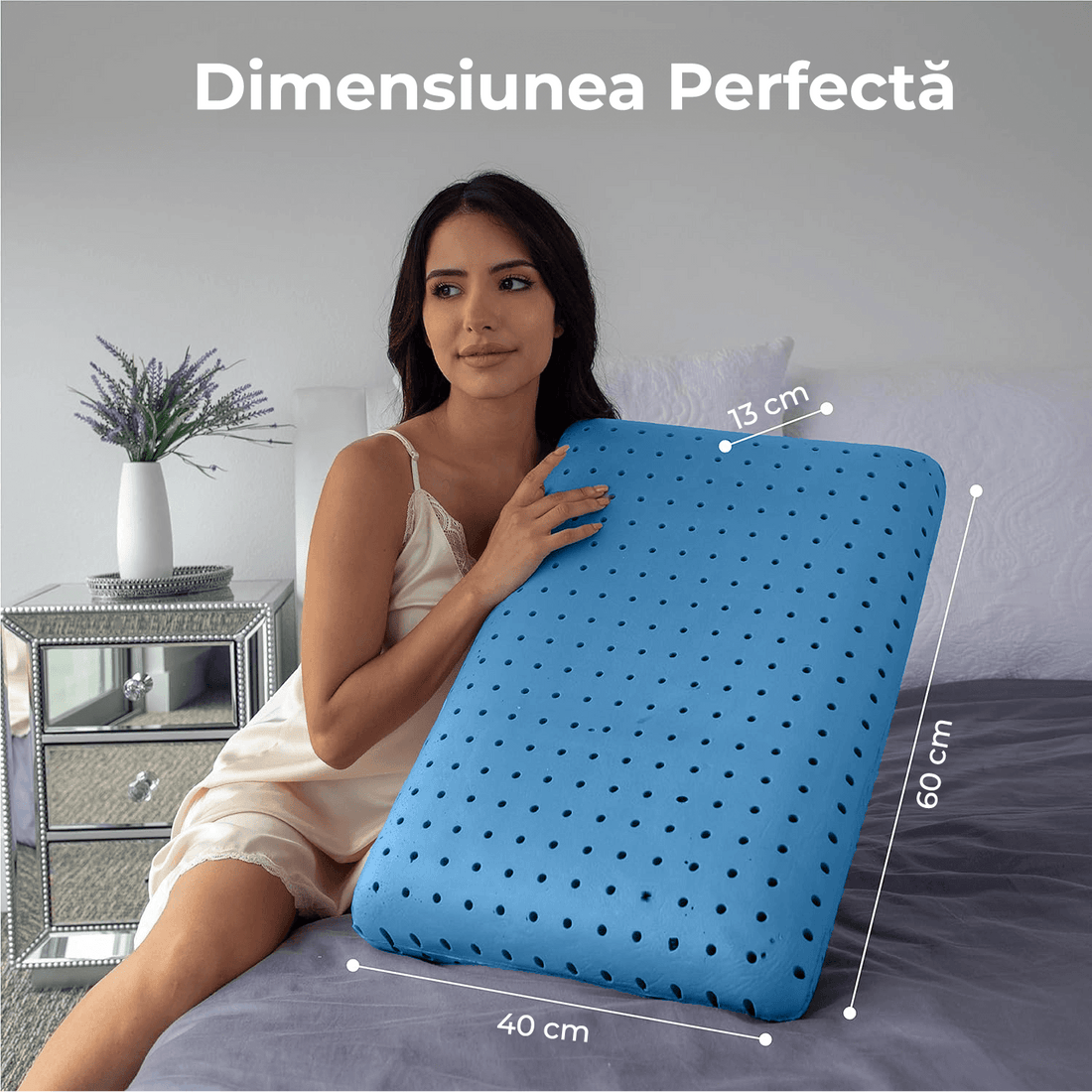 Perna Ortopedică Gel Memory Foam, Suport Gât și Cervical, Husa Detasabilă, Ventilată, 60x40x13 cm, Albastru