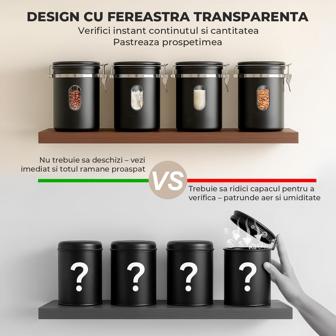 Recipient Inox pentru Cafea Elindor® Borcan Etans cu Capac si Lingurita, Cutie Depozitare Zahar, Ceai, Paste, Orez, Cereale, Faina, Prajituri, Supe, Alimente, Caserola Bucatarie, pentru Frigider si Congelator, 650 ml, Geam Transparent, Negru