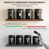 Recipient Inox pentru Cafea Elindor® Borcan Etans cu Capac si Lingurita, Cutie Depozitare Zahar, Ceai, Paste, Orez, Cereale, Faina, Prajituri, Supe, Alimente, Caserola Bucatarie, pentru Frigider si Congelator, 650 ml, Geam Transparent, Negru