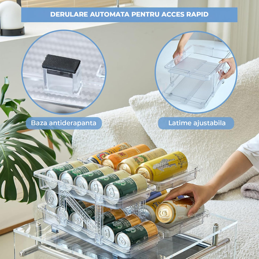 Organizator Bauturi Elindor® pentru Frigider, Dulap sau Blat, 10-11 Doze de 330-500 ml, 2 Nivele, Ajustabil, Antiderapant, Potrivit si pentru Iaurt,32 x 23.5 x 16.5 cm, Transparent