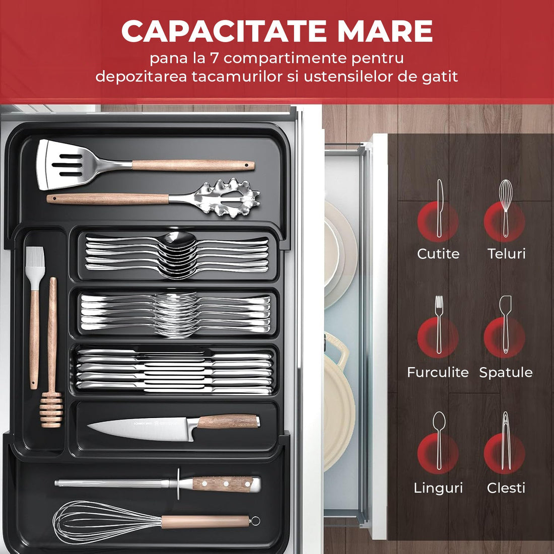Organizator Negru Elindor® pentru Tacamuri si Ustensile de Bucatarie, 7 Compartimente, Sertar Extensibil 22-38 cm, Suport Ajustabil pentru Cutite, Linguri, Furculite, Accesorii Bucatarie, Separator Sertar, PP