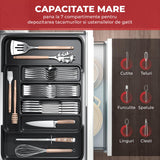 Organizator Negru Elindor® pentru Tacamuri si Ustensile de Bucatarie, 7 Compartimente, Sertar Extensibil 22-38 cm, Suport Ajustabil pentru Cutite, Linguri, Furculite, Accesorii Bucatarie, Separator Sertar, PP