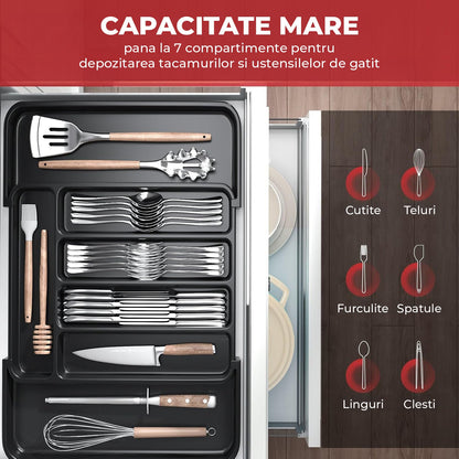 Organizator Negru Elindor® pentru Tacamuri si Ustensile de Bucatarie, 7 Compartimente, Sertar Extensibil 22-38 cm, Suport Ajustabil pentru Cutite, Linguri, Furculite, Accesorii Bucatarie, Separator Sertar, PP