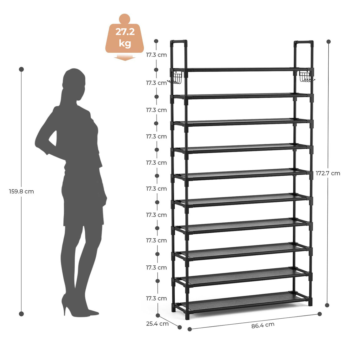 Organizator pentru Pantofi Elindor® Pantofar cu 10 Nivele Mari si 10 Carlige Metalice, Fara Gauri, Suport Metalic pentru Papuci, Dulap Hol, Dormitor, Economisire Spatiu, Depozitare Incaltaminte, 25 × 86 × 173 cm, Negru