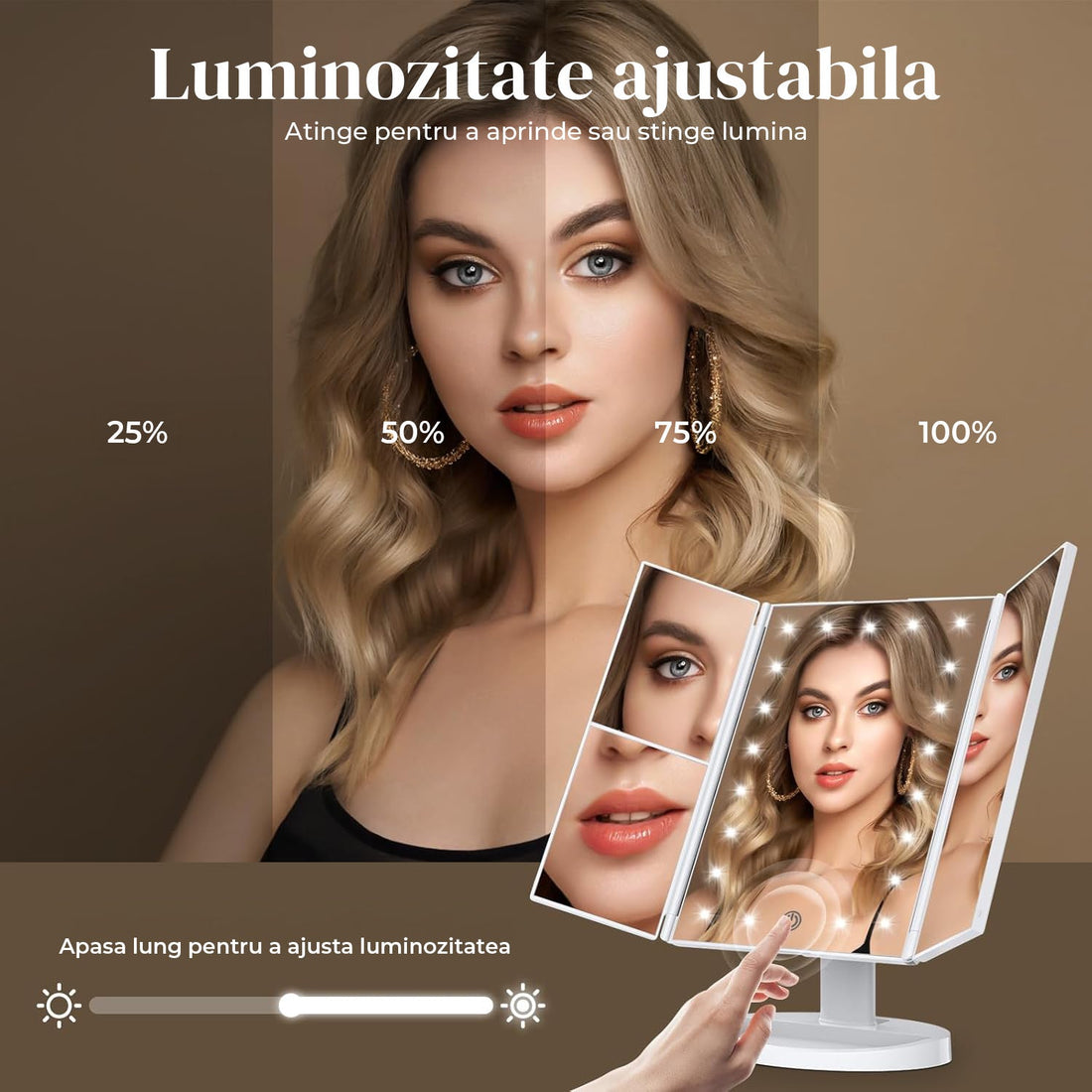 Oglinda Cosmetica Elindor® cu Iluminare LED, Marire 2X, 3X, 10X, Control Tactil, Alimentare Dubla, Alb