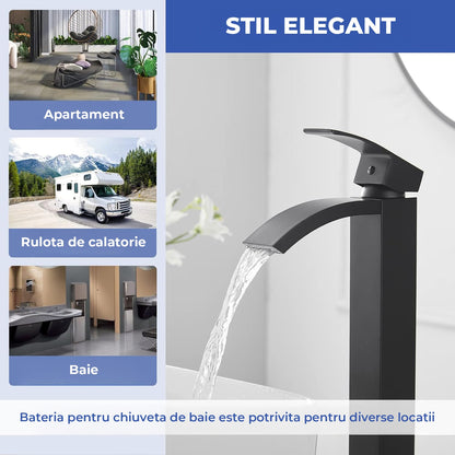 Baterie Chiuveta Vas Elindor®, Robinet Cascada, Design Modern, Alama Solida, Negru