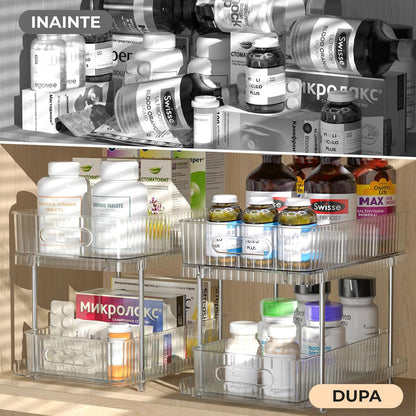 Set 2 Organizatoare Transparente Elindor® cu 2 Nivele si Separatoare, Recipient de Depozitare Multifunctional si Glisant, Organizator pentru Dulapul de sub Chiuveta din Baie si Bucatarie, 30.4 x 23 x 16 cm