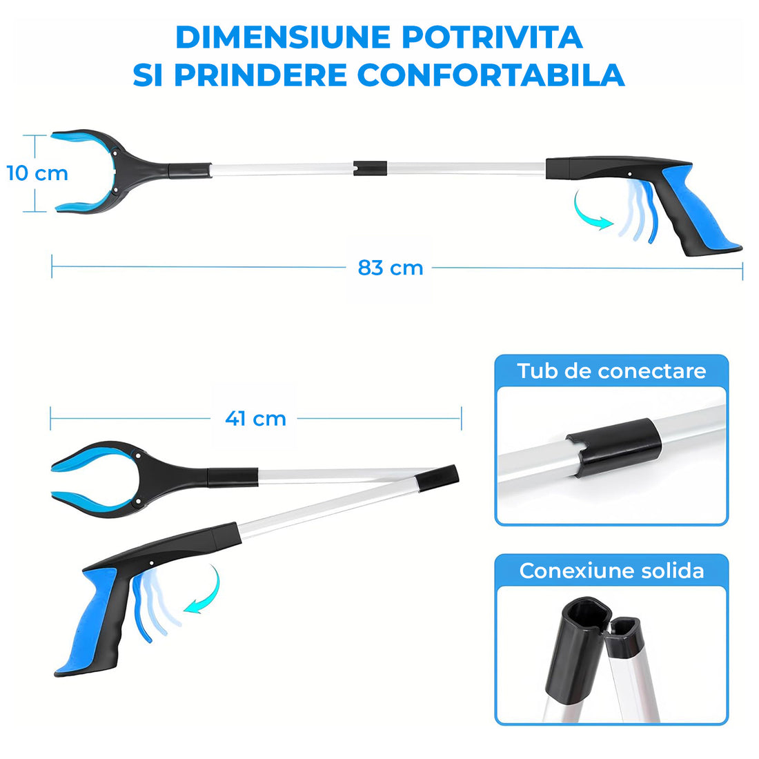 Cleste de Gunoi Elindor® Pliabil pentru Colectare Deseuri, Gheara Rotativa la 360°, Maner Ergnom, Practic, Versatil, Ideal pentru Uz Zilnic, Recuperare Medicala sau Activitati in Aer Liber, 83 cm, Negru / Albastru