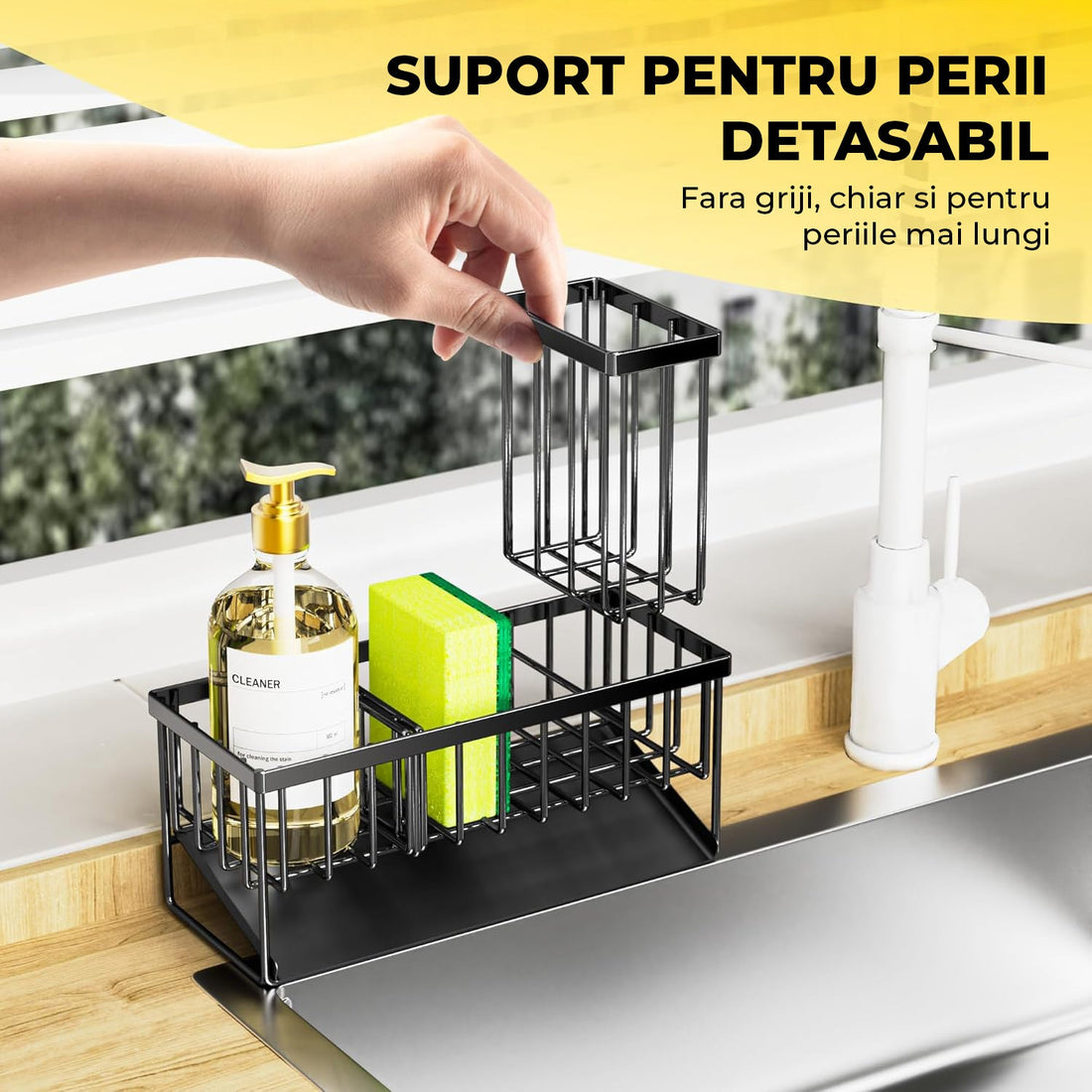Suport pentru Chiuveta Elindor® Organizator Multifunctional, Compartimente pentru Burete Detergent Perii si Scurgere Eficienta, Negru